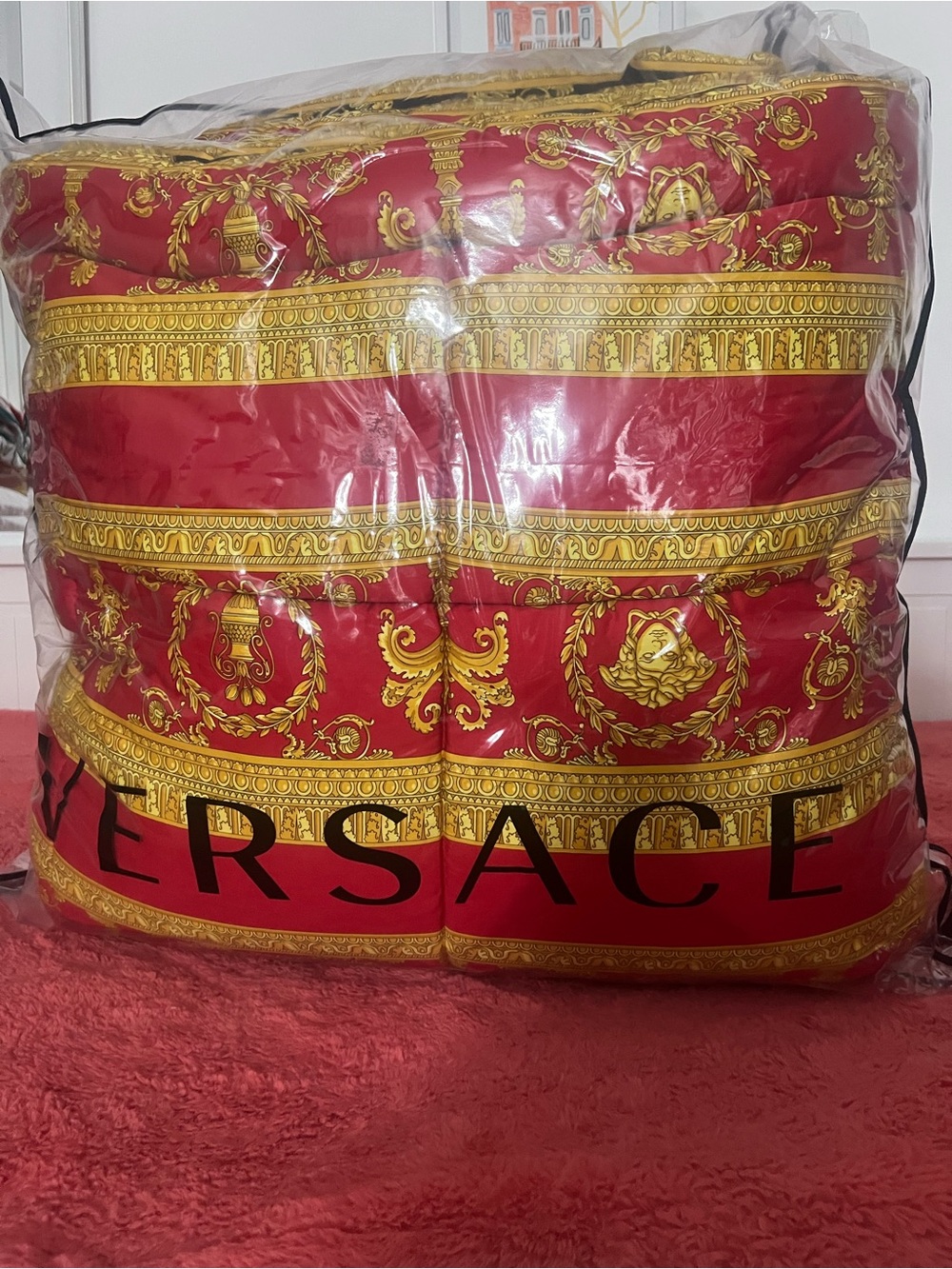 Versace Red and Gold Baroque Puffer Coat